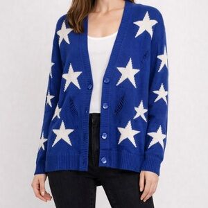 Love Tree Blue Star Cardigan Large Distressed Knit - L